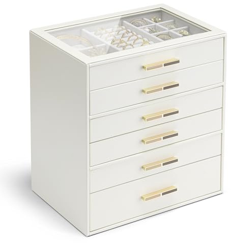 VLANDO 6-Drawer Jewelry Box with Glass Lid, Faux Leather Organizer for Rings Earrings Necklaces and More, Gift-Ready Jewelry Case for Women Girls or Moms, Beige