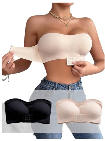 GORGLITTER Women's Strapless Bandeau Bras Wireless Push Up Front Fastening Bra Seamless Bralettes 2 Packs Black Multicolor Small