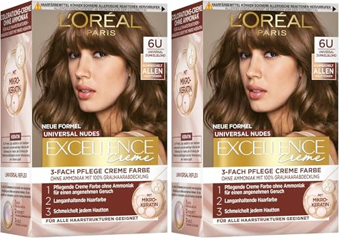 L'Oréal Paris Permanente Haarfarbe für jeden Hautton, Coloration ohne Ammoniak, Universale Nude-Töne mit vollständiger Grauhaarabdeckung, Excellence Creme, Nr. 6U Dunkelblond (Blond), 1 Stück