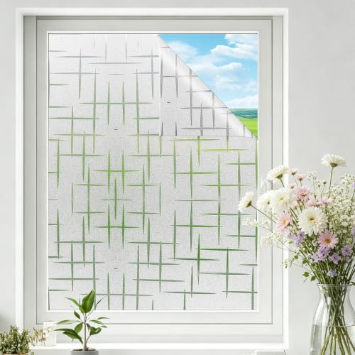 shinfly Fensterfolie Kreuzmuster 44.5 x 200 cm, Blickdichte Sichtschutzfolie Fenster Dekorativ, Selbsthaftende Glasfolie ohne Kleber, Milchglasfolie für Wohnzimmer Küche Büro
