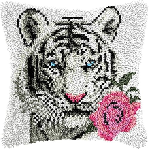 NAHUIGOOD Création De Tapis Et Canvas Taie D'Oreiller，Kits De Crochet Kit Point Noué Coussin Kit De Verrouillage Tapis Point Noué Tigre 43X43Cm