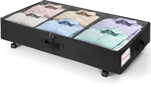 OUUTMEE 1-pack förvaringsbox under sängen med hjul, 50 l vikbar undersängsorganiserare med lock, rullande undersängsbehållare, förvaringslådor med metallram för kläder, skor, filtar (svart)