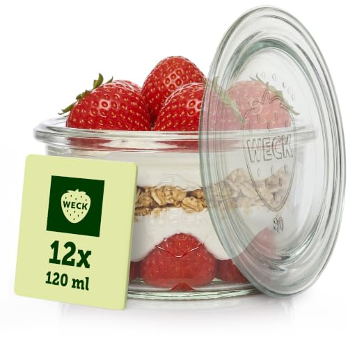 Weck Gläser 120ml – 12er Set mit Deckeln – Sturzform – robuste, stapelbare Dessertgläser, Einkoch- & Einmachgläser – klein – Weckglas ideal für Nachtisch – Made in Germany