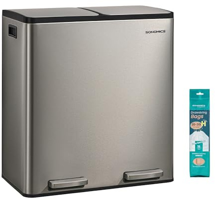 Songmics Papperskorg kök, 2 x 30 L, avfallssepareringssystem 2 fack, soptunna med 15 soppåsar, pedalhink, avtagbar innerhink, mjukt stängningslock, handtag, rostfritt stål, silver LTB160EZ01