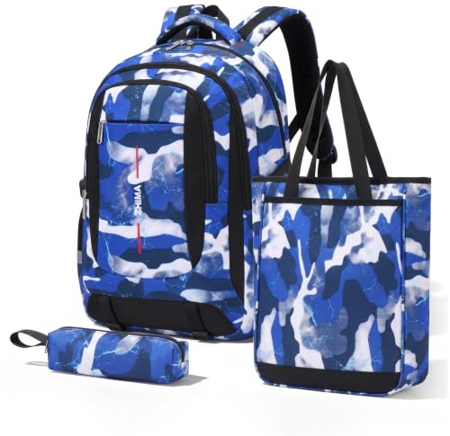 Amythe Sac à Dos College Garçons 10-18 Ans, Set 3 en 1, Camouflage Bleu | Cartable Imperméable avec Sac à Bandoulière et Trousse, Sac D'école pour Primaire Collège Lycée, Voyages, Loisirs, Rentrée