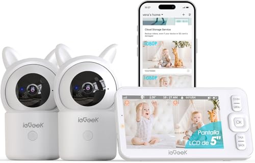 ieGeek Cámara Vigilancia Bebé con 2 Cámaras 1080P, Baby Monitor con Pantalla 5 Dividible, Vigilabebés con 360° PTZ, Detección de Movimiento y Llanto, Visión Nocturna, Monitor de Temperatura