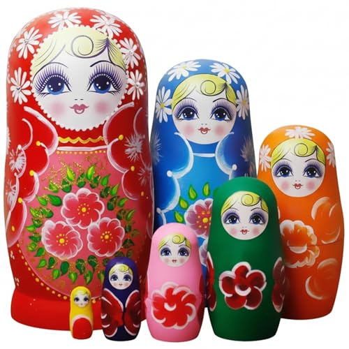 Uanqfegy Russische Matroschka-Puppen im 7er-Set, Sonnenblumen-Druck aus Holz, dekoratives Spielzeug für Kinder und Erwachsene, Sammler