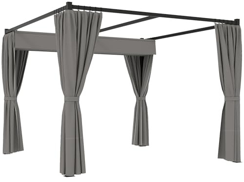 Outsunny Tonnelle Pergola 3 x 3 m avec parois latérales et toit rétractable, tonnelle d'extérieur en métal et polyester 180 g/㎡, pour jardin, terrasse et activités commerciales, gris clair