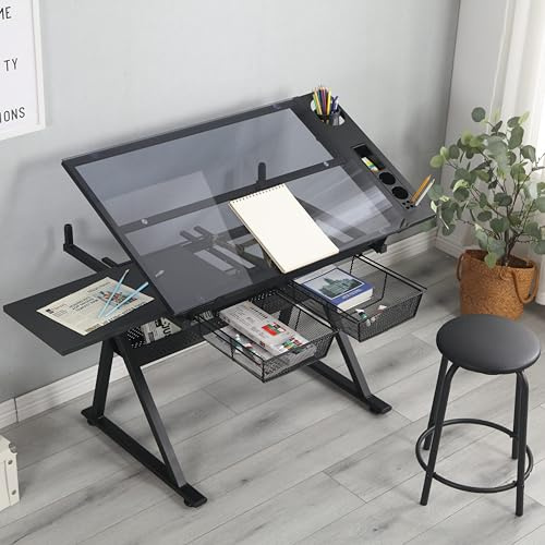 Sailret Adjustable Tempered Glass Drafting Table, 0-75° Tilting Art Desk with Multi-Storage Drawers & Trays, Height Adjustable 27.1-35.8 Drawing Table with Chair