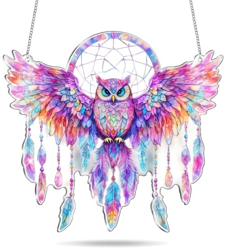 Owl Acrylic Suncatcher, Window Hanging Ornament with Chain, 20 cm | 20 × 18 cm Owl Acrylic Suncatcher with Hanging Chain for Windows, Garden, Indoor and Outdoor Decoration