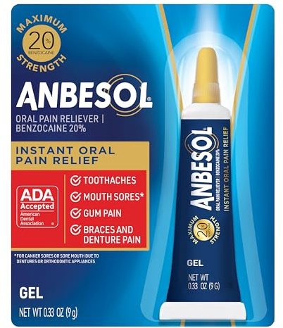 Anbesol Maximum Strength Gel - Instant Oral Pain Relief, for Toothaches, Gums, Braces, & Denture Pain, and Mouth Sores*, Canker Sore Treatment Inside Mouth, ADA Accepted, 0.33 oz