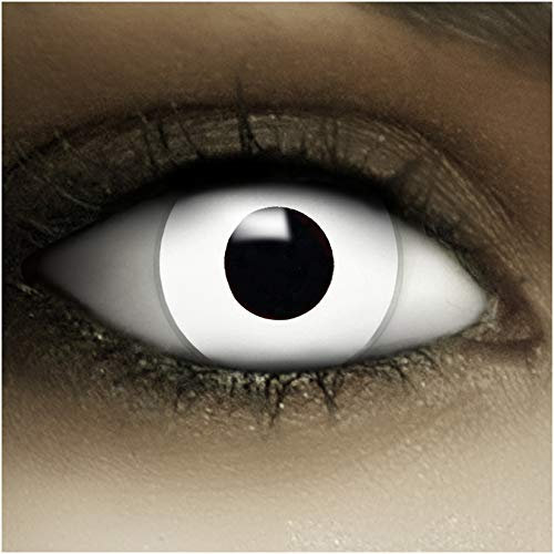 FXCONTACTS Jahreslinsen Weiß ZOMBIE + Tattoos + Kontaktlinsenbehälter, 2 Stück (1 Paar) farbige Kontaktlinsen ohne Stärke, weich, ideal für Halloween, Cosplay, Karneval & Fasching