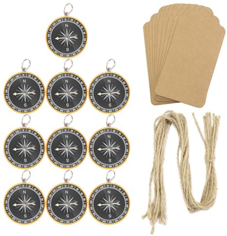 TOYMYTOY 10er Mini Kompass Schlüsselanhänger Set mit Geschenkanhängern | Mit 10 Kraftpapier-Tags und Juteschnüren, für Gastgeschenke bei Hochzeiten, Geburtstagen und besonderen Feiern