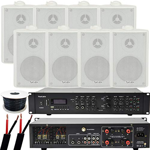 800W LOUD Outdoor Bluetooth Sound System | 8x 120W White Speaker | 4 Channel/Zone Matrix HiFi Mixer Amplifier Amp Kit | Powerful Wireless Music | Weatherproof Garden Party