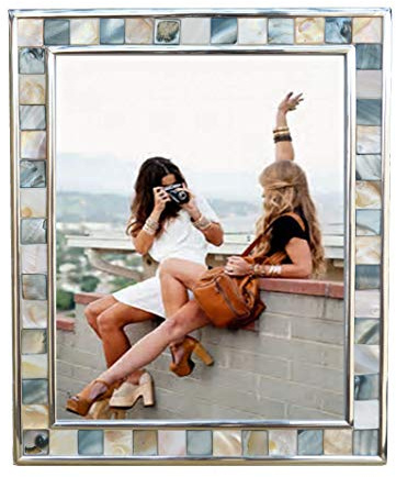GIFTME 5 Silver Plate Picture Frame 8x10 Mother of Pearl Wall Frame 8by10 Wedding Photo Frame Mosaic Glass Tabletop Picture Frame (Grey+ White,1pc)