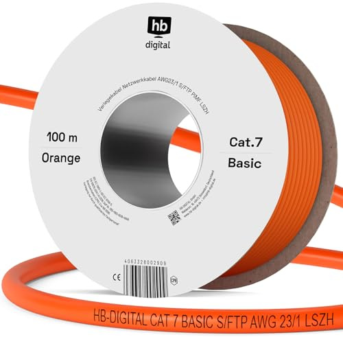 HB-DIGITAL 100m CAT 7 Netzwerkkabel Simplex - Orange | LAN Kabel Verlegekabel, Ethernet Installationskabel, AWG23 10 Gbit/s, S/FTP LSZH BauPVO Eca, Datenkabel Simplex