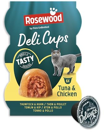 Rosewood Deli Cups Thunfisch & Huhn – Weicher Katzensnack mit Thunfisch und Huhn, Omega-3 und Omega-6 Fettsäuren, ohne Salz oder Zucker, ohne künstliche Zusatzstoffe, 6 x 22 g