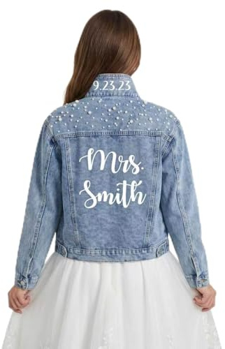 Monicustom Giacca di jeans personalizzata con perle da sposa, giacca di jeans personalizzata Mrs Wifey per matrimonio, addio al nubilato, laurea, compleanno, Blu, X-Large