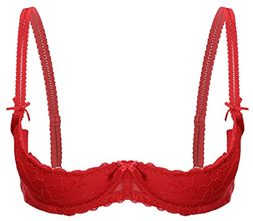 Mufeng Women's 1/2 Cup Bra Underwire Push Up Lace Trim Padded Bandeau Underwear Bustier Red M