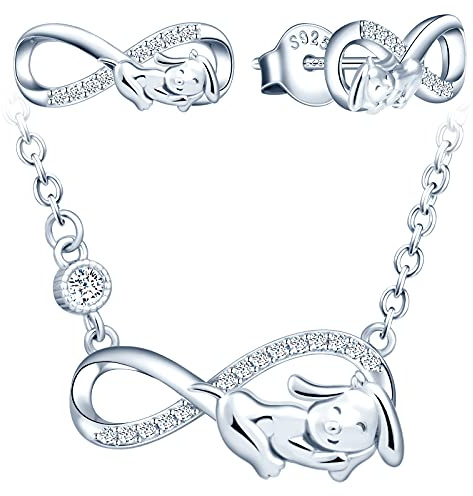 Yumilok Unendlichkeit Kette Hund Damen Halskette 925 Sterling Silber Mädchen mit Anhänger Ohrringe Damen Ohrstecker Damen Schmuck Set Mädchen