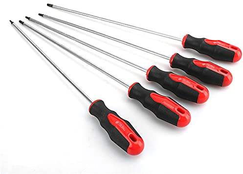 Chesoon Set di 5 cacciaviti Torx extra lunghi, T15-T30, lunghezza del gambo 300 mm, lunghezza totale 400 mm, sicurezza a prova di manomissione in acciaio S2 per riparazioni domestiche