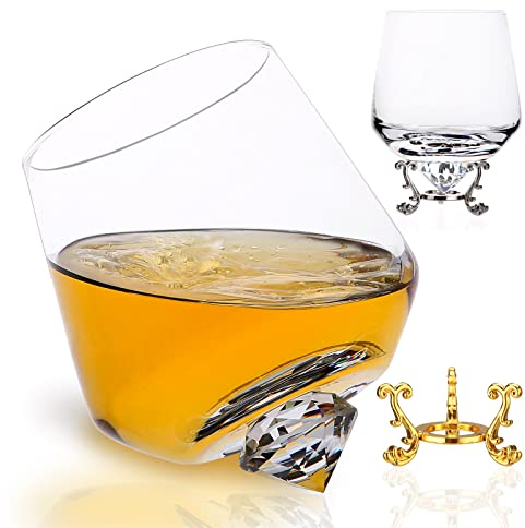 Whiskey Glasses Wine Glasses Rotating Bourbon Glassware Wine Gifts for Men Women Stemless Old Fashioned Glass Unique Brandy Cognac Snifter 11 OZ (set of 2)
