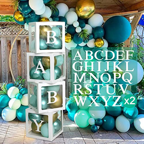 Baby Shower Decoration Balloon Boxes – 4PCS Transparent Boxes with 52 Letters(2 sets of A-Z), Baby Balloon Boxes for Boy Girl Baby Shower Gender Reveal Birthday, Jungle Theme Party Decor