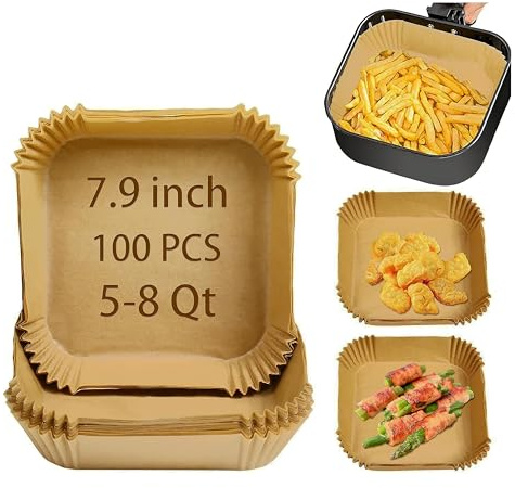 Air Fryer Liners Disposable Compatible with COSORI Air Fryer 6 Qt, 100 Pcs Unbleached Parchment Paper for 5-8 Qt 7.9 Inch Square Parchment Paper for Baking Non-Stick