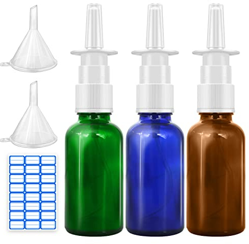 Cupohus Nasal Spray Bottle, 3 Pcs 30ML/1oz Amber,Cobalt Blue,Green Glass Refillable Fine Mist Sprayers Atomizers, Travel Sized, Empty Nasal Sprayer with Funnels and Labels
