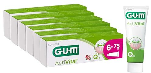 GUM ActiVital Zahnpasta | gesundes Zahnfleisch und gesunde Zähne - jeden Tag | Anti-Plaque- und antioxidative Wirkweise | Pfefferminzgeschmack | 6 x 75 (mit 1 Gratisprobe)