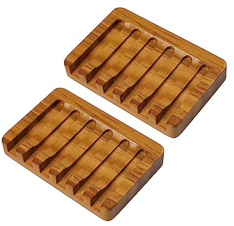 SAMEBUTECO Set of 2 Teak Wood Soap Dishes with Sloped Drain | Bar Soap Holder for Shower, Bathroom Sink, Kitchen | Natural Wooden Soap Saver Tray with Quick-Dry Grooves