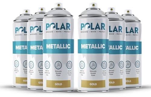 Polar Metallic Multi-Surface Spray Paint, 6 x 400 ml, Gold | Quick Drying Metallic Coating, Metal, Wood, Glass, Plastic and Ceramics, Scratch Resistant, Indoor and Outdoor