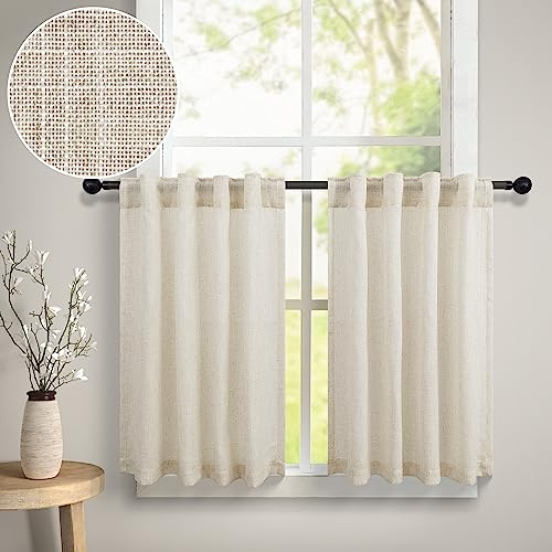 Farmhouse Kitchen Curtains for Small Window 36 Inch Length 2 Panels Back Tab Pocket Vintage Coquette Cafe Tier Semi Sheer Short Curtains for Shelves School Dorm Doorway Garage 3ft x 3 FT Long Beige