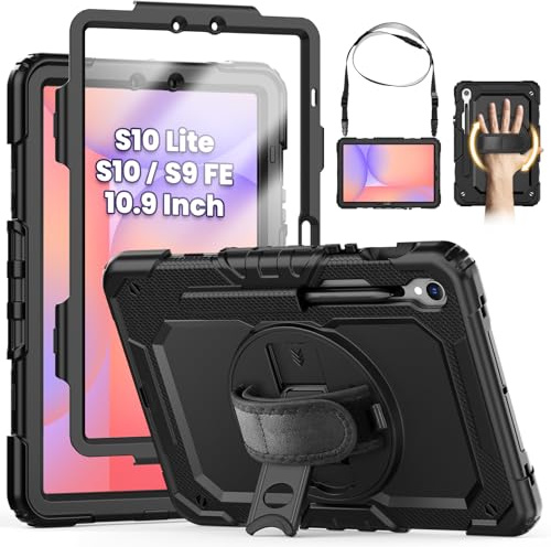 SEYMCY for Samsung Galaxy Tab S10 Lite / S10 FE / S9 FE Case 10.9 Inch | Full-body Shockproof with Screen Protector, 360° Rotating Stand & Hand Strap, Shoulder Strap, Pencil Holder, Black