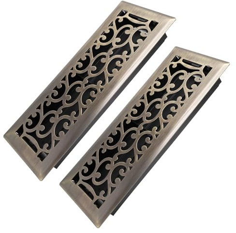 Howeall 4x12 Inches 2 Pack Heavy Duty Walkable Floor Register - Easy Adjust Air Supply Lever Decorative Floor Vent Covers - Savannah Design Vent Covers for Home - Antique Brass