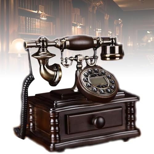 NVYAZJ Teléfono Fijo Digital Vintage, teléfono Antiguo de Madera Maciza con Cable de Cuero, línea telefónica, cajones pequeños, Soporte de Metal, marcación de Teclado, teléfono Antiguo