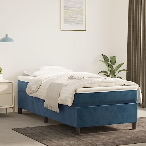Tidyard Boxspringbett mit Matratze Bettgestell Jugendbett Polsterbett Doppelbett/Einzelbett Gästebett Schlafzimmerbett Balkenbett Bettrahmen mit Lattenrost Holzbett Bett Dunkelblau 90x190 cm Samt