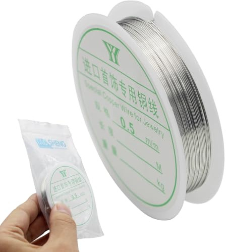 TAOSHENG 0.5mm Jewellery Copper Wire Roll, 5M Length 25 Gauge Craft Beading Brass Cord Tarnish Resistant Copper Wire for Jewelry Making Supplies and Crafting, Silver 1 Roll