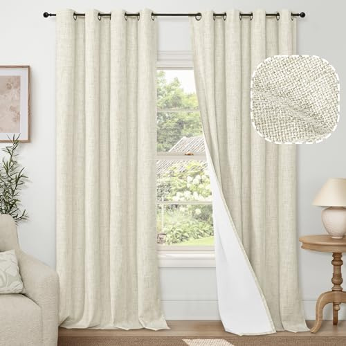 Lajode Blackout Curtains for Bedroom - Linen Black Out Curtains 84 Inch Long Thermal Insulated Burlap Grommet Window Drapes for Farmhouse Living Room Darkening, 2 Panels, Each 52 Wide, Natural Cream
