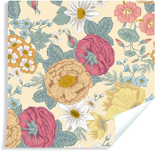 TSOPEFI Papier peint autocollant floral vintage rose rouge blanc pour murs, armoires,tiroirs,plans de travail,bibliothèques,buanderie,cuisine,salle de bain (40 × 600 cm)