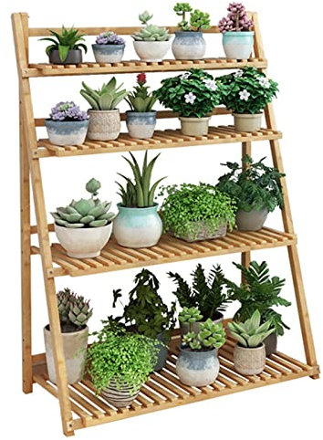 4-Tier Bamboo Ladder Plant Shelf, Flower Rack Klapp-Display Regal Garten Regal Indoor Outdoor Storage Organizer Rack Dekorative Anlage Rack Für Garten Balkon Wohnzimmer Terrasse ( Größe