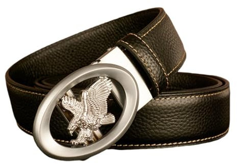 AGUTALITHIC Gürtel Herren, Ledergürtel für Herren mit Ratsche Automatikschließe Geschnitztes Fliegender Adler Hohles Oval Schnalle,Business Anzug Guertel Breit 35mm(125cm/49, Silver)