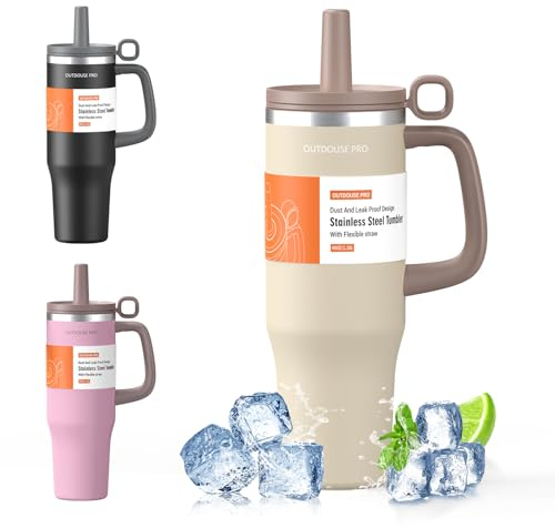 1200ml Taza Térmica - Vaso Térmico con Asa y Pajita - Termo Café sin BPA 1.2L - Taza para Beber Caliente y Frío - Marrón Claro