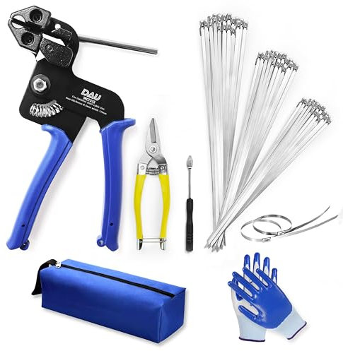 DAU Stainless Steel Cable Tie Gun Kit-150PCS Metal Zip Ties (3 Sizes), Tensioning/Cutting Tool for Fencing, Chicken Coop, Cable Bundling, Exhaust Repair & Structural Reinforcement