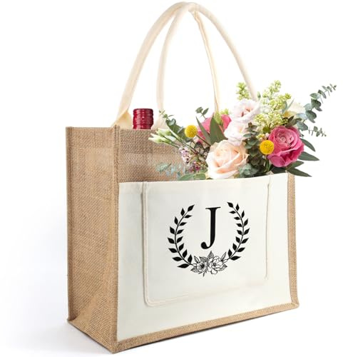 Tarklanda Personalisiert Initial Jutetasche, Jute Shopper Bag Frauen, Jute Tragetasche Damen, Einkaufstasche mit Alphabet, Geschenke für Frauen, Freundin, Brautjungfer zum Geburtstage, Hochzeit (J)