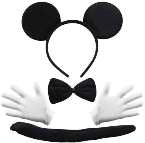 SSKHE Mouse Costume Headband with Mouse Ears, Tail, Tie, and Gloves for Carnival Theme Cosplay Party Accessory, Birthday Fancy Dress Party Bag Favors, Cosplay for Adults,Kids