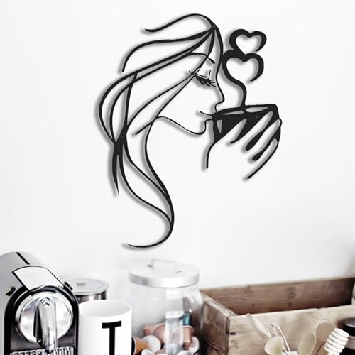 Kaffee-Wandkunst, Bar-Schild-Dekor, 3D-Wandkunst, Küchenlinie, Wanddekoration, Frau, trinkt Kaffee, Wandskulpturen, einzigartige moderne Metall-Wandkunst für Wohnzimmer, Schlafzimmer, Kaffeebar,