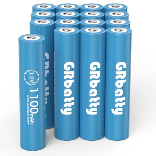 GRbatty 16 x AAA Akku Wiederaufladbare NI-MH, 1.2V 1100mAh, Langlebig | 1200 Zyklen, für Fernbedienungen, Wanduhren, Lichterketten, Taschenlampen, Wetterstationen