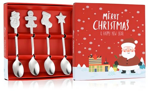 Lunaanda Weihnachtslöffel Set, 4 Stück Weihnachten Kaffeelöffel Edelstahl Teelöffel Dessertlöffel Rührlöffel Weihnachtsgeschirr Set mit Geschenkbox für Weihnachtsdekoration, Party und Küchen (Silber)