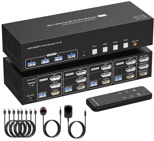 VPFET 8K KVM Switch 4 PC 3 Monitore 2 Displayport HDMI 4K144Hz 8K60Hz 4 Port KVM Switches DP 1.4 HDMI 2.1 für 4 PC Teilen Triple Monitore und 4 USB 3.0 Geräte mit 4 USB Cable
